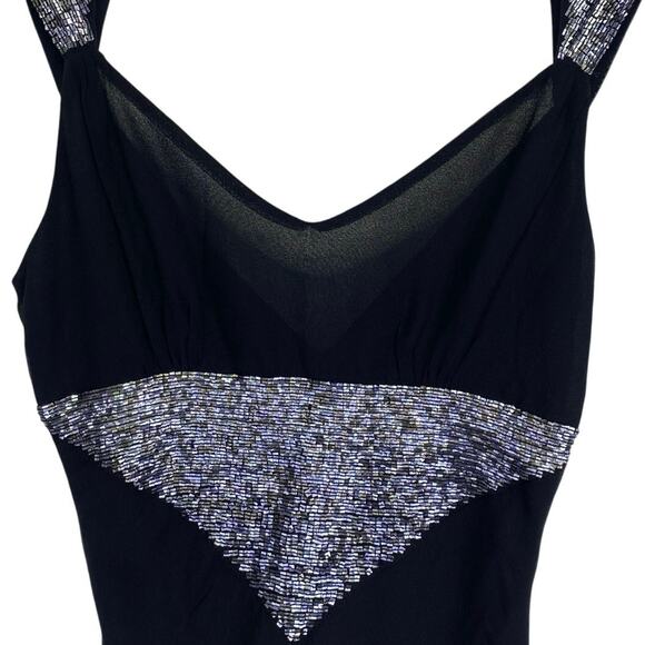 Vintage NOIR Silk Sequin Cocktail Dress Black Silver Midi Size S 90s Retro Glam - Picture 2 of 10